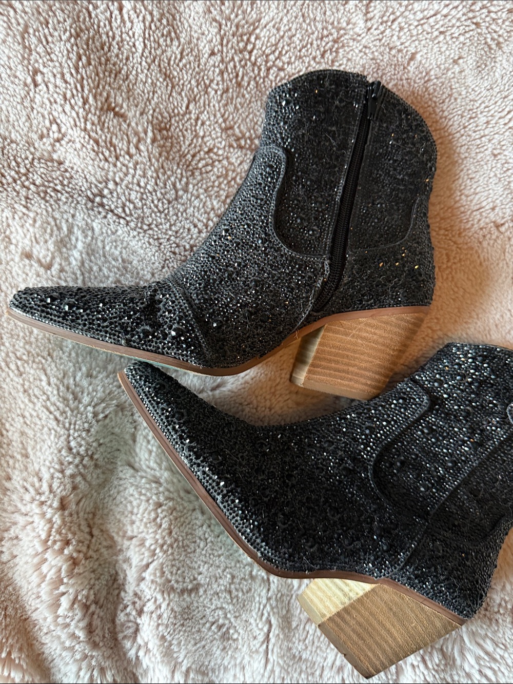 Betsey Johnson Black Sparkle Ankle Booties with Block Heel